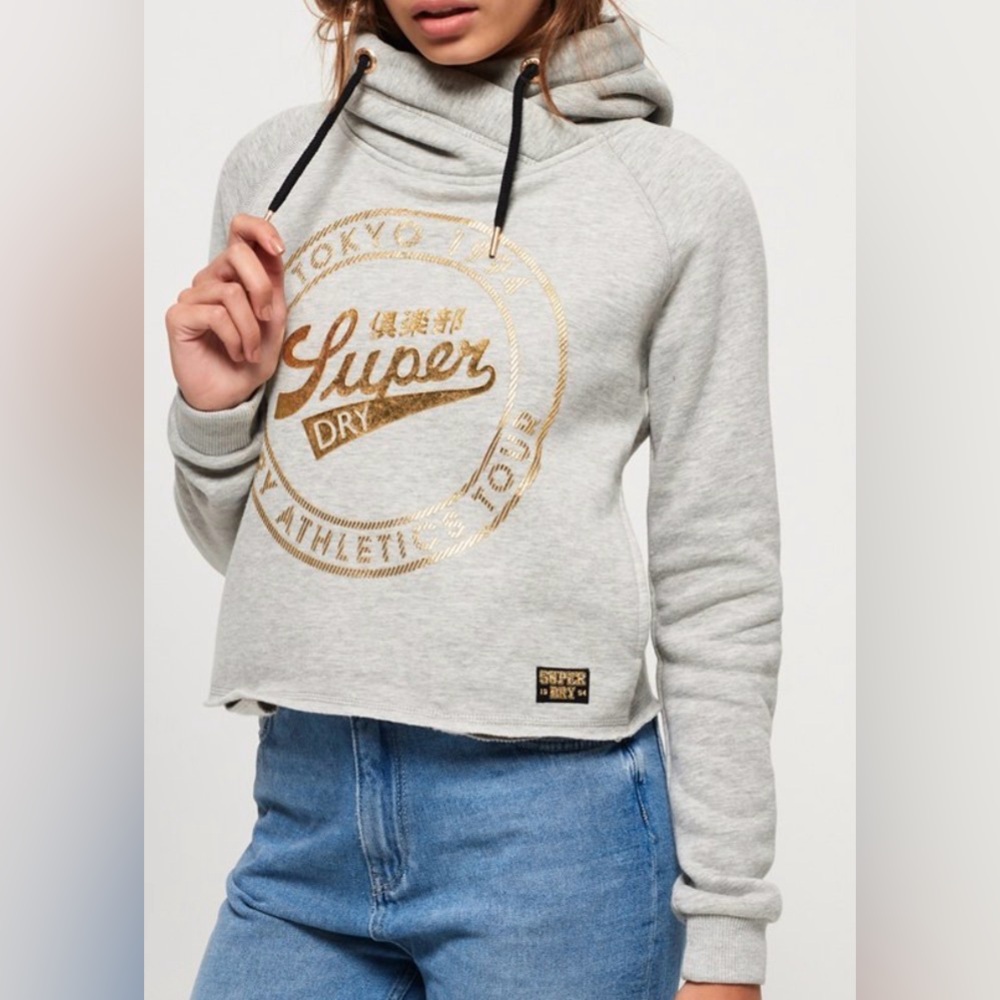 Superdry Ace Metal Crop Hoodie - NWT - Size 10 Gray Hoodie with Gold Logo